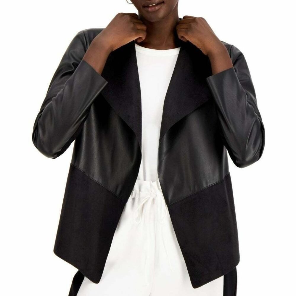 ALFANI Women's Black Faux Leather/Suede Shaw Collar Jersey Back Jacket Size L